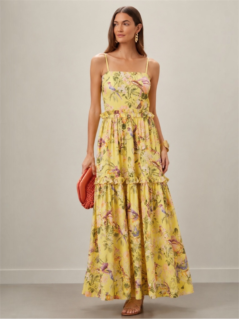 Cara Cara Harbour Island Tiered Ruffle Cotton Midi Dress Lemon Meringue Birds XS